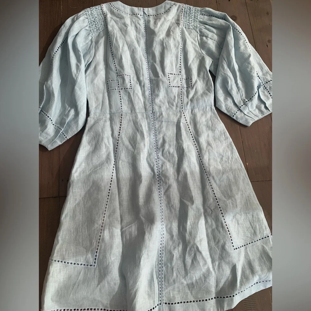 Figue Verna Linen embroidered dress soft blue NWT